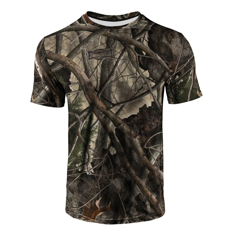 Hunting And Outdoor Shop - メンズリアルな木柄カモフラージュプリントTシャツ カジュアルクルーネック半袖Tシャツ ハンティングカモフラージュトップス アウトドア＆自然活動用