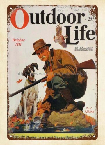 Hunting Quail - 1931年版アウトドアライフ誌の表紙に登場するウズラ狩猟犬の金属製看板