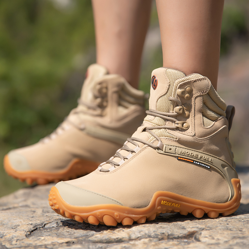 Outdoor Hunting Fabric - 牛革男性冬のハイキングブーツ女性のための屋外防水ツリーキングスノーシューズ登山登山狩猟ウォーキングスニーカー